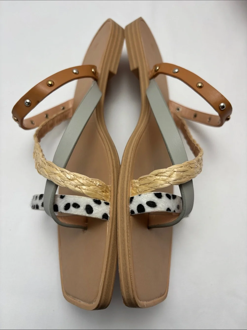 ZBY Womens 8.5 Multi-Texture Leopard Studs Strappy Slide Sandals - Tan #473